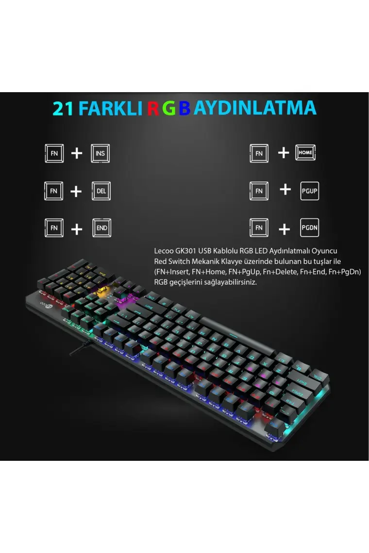 Lecoo GK301 USB Kablolu Red Switch Makro Tuş Atamalı RGB LED Aydınlatmalı Gaming Mekanik Türkçe Q Klavye Metalik Gri