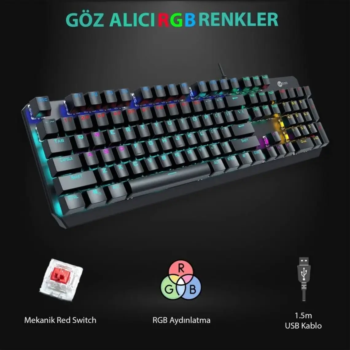 Lecoo GK301 USB Kablolu Red Switch Makro Tuş Atamalı RGB LED Aydınlatmalı Gaming Mekanik Türkçe Q Klavye Metalik Gri