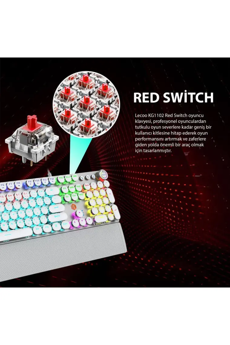 Lecoo KG1102 USB Kablolu Red Switch Makro Tuşlu RGB LED Aydınlatmalı Mekanik Gaming Türkçe Q Metalik Klavye