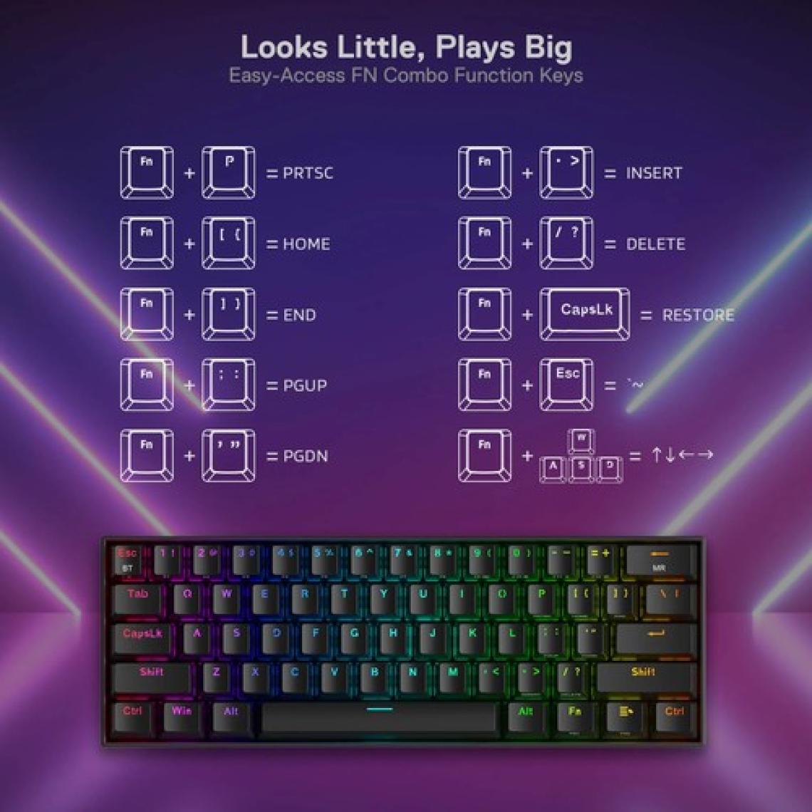 Redragon K530 Pro Draconic Türkçe Q 60% Kompakt Kablosuz - Bluetooth 2.4g Brown Switch Mekanik Siyah Klavye