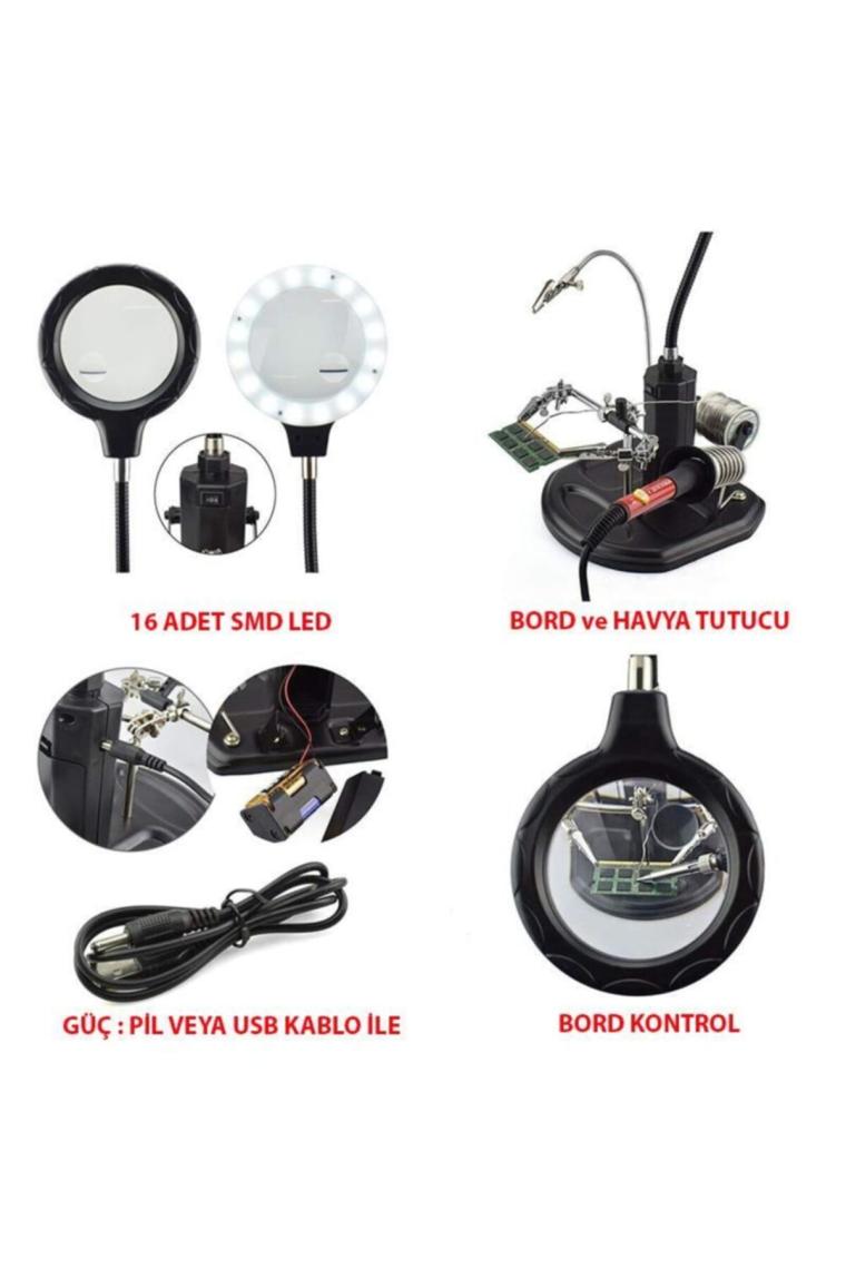 802 Büyüteç Lehim Havya Sehpa Standı Yardımcı El Led 2.5/4x