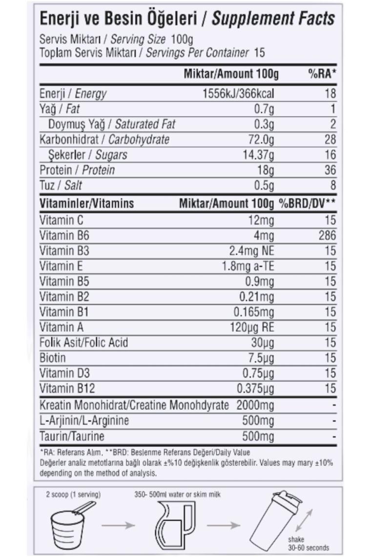 Mass Gainer 1500 gr Çikolata 15 Servis Karbonhidrat Tozu 72 gr Karbonhidrat 18GR Protein 2gr Kreatin