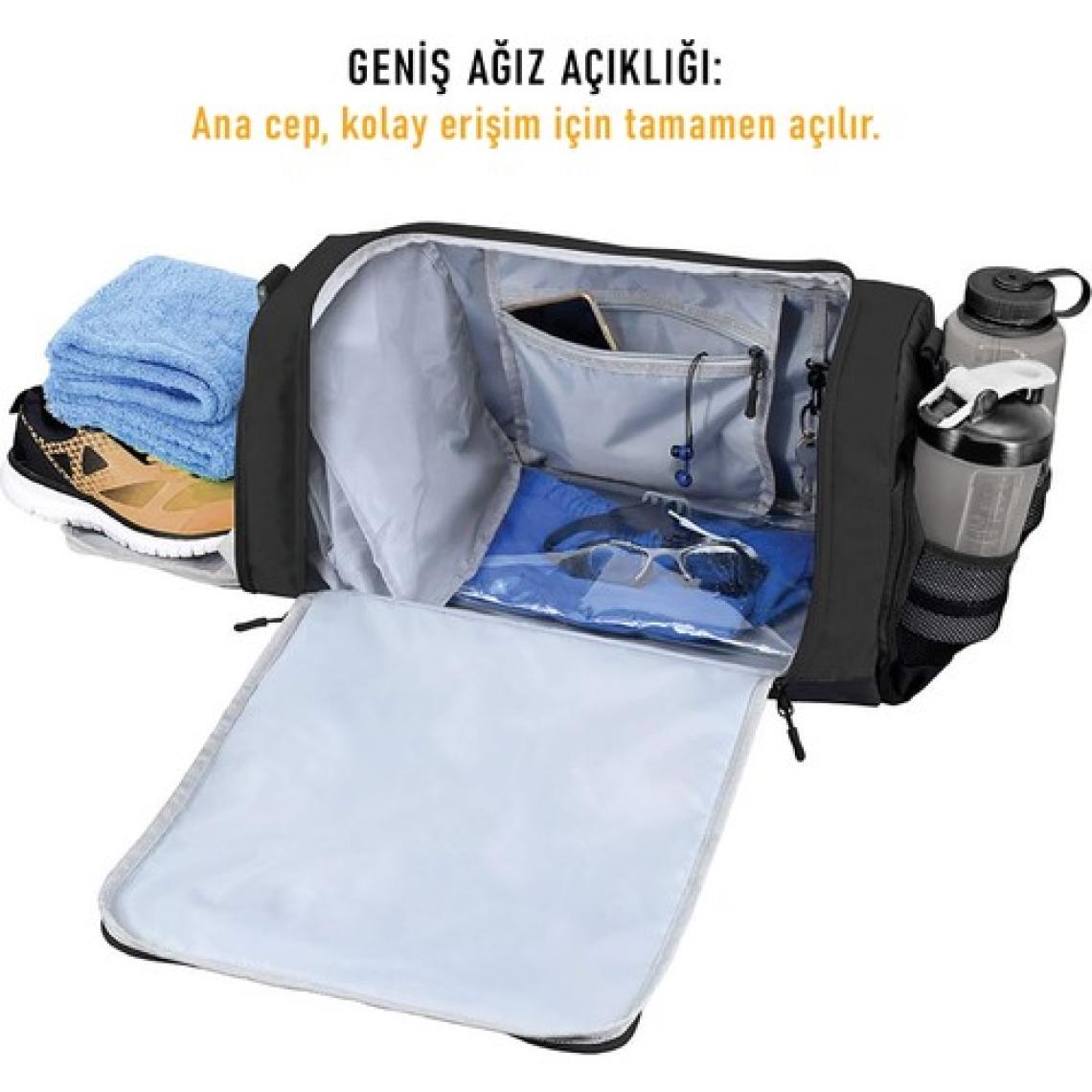 Haegs Spor Çantası, 10 Cepli, Ayakkabı Bölmeli, Dayanıklı Bay Bayan Seyahat Çantası Siyah