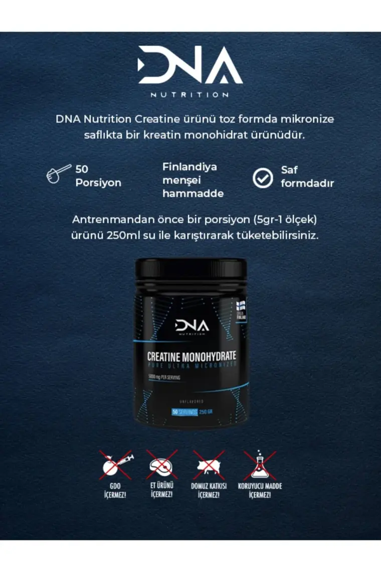 DNA Nutrition Saf Mikronize Kreatin Monohidrat Tozu - 250 gr, 50 Porsiyon, Finlandiya Menşeli