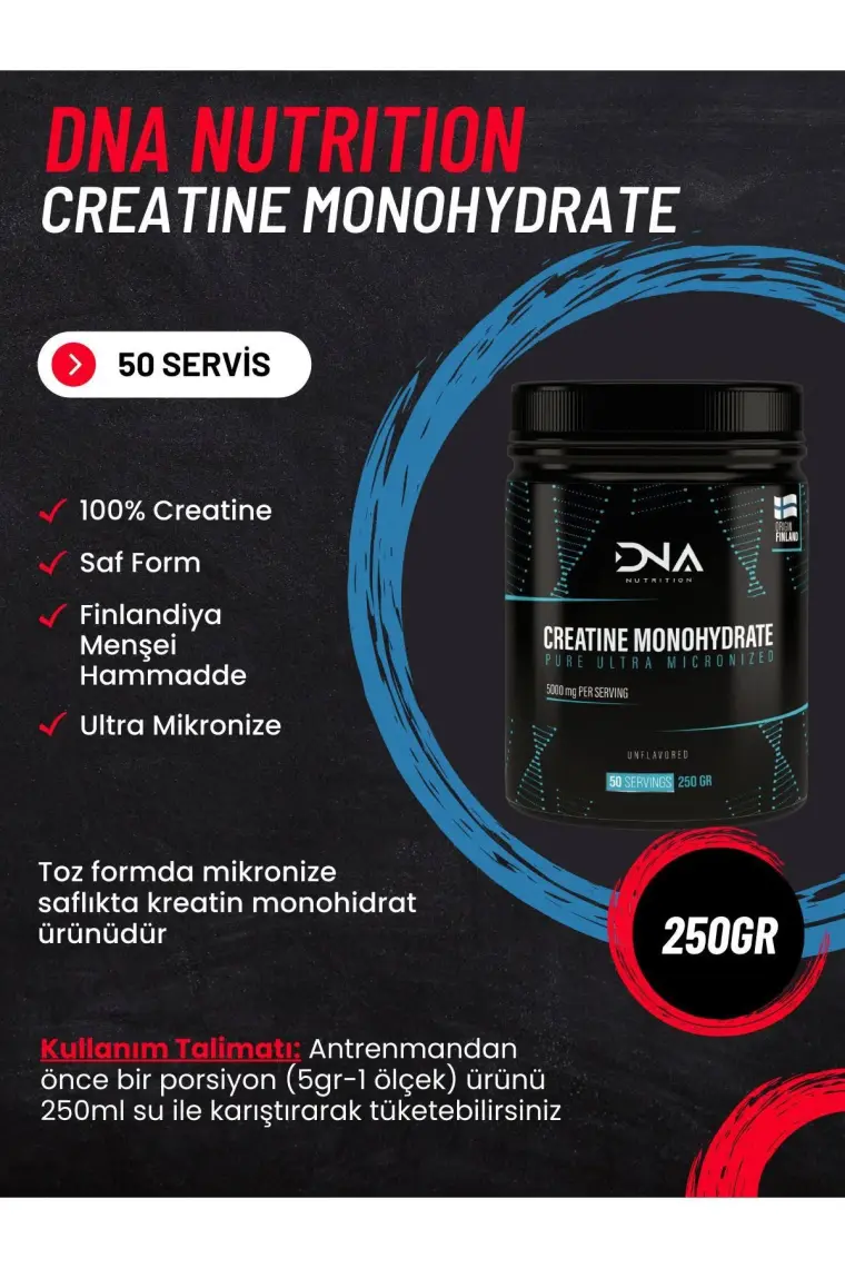 DNA Nutrition Saf Mikronize Kreatin Monohidrat Tozu - 250 gr, 50 Porsiyon, Finlandiya Menşeli