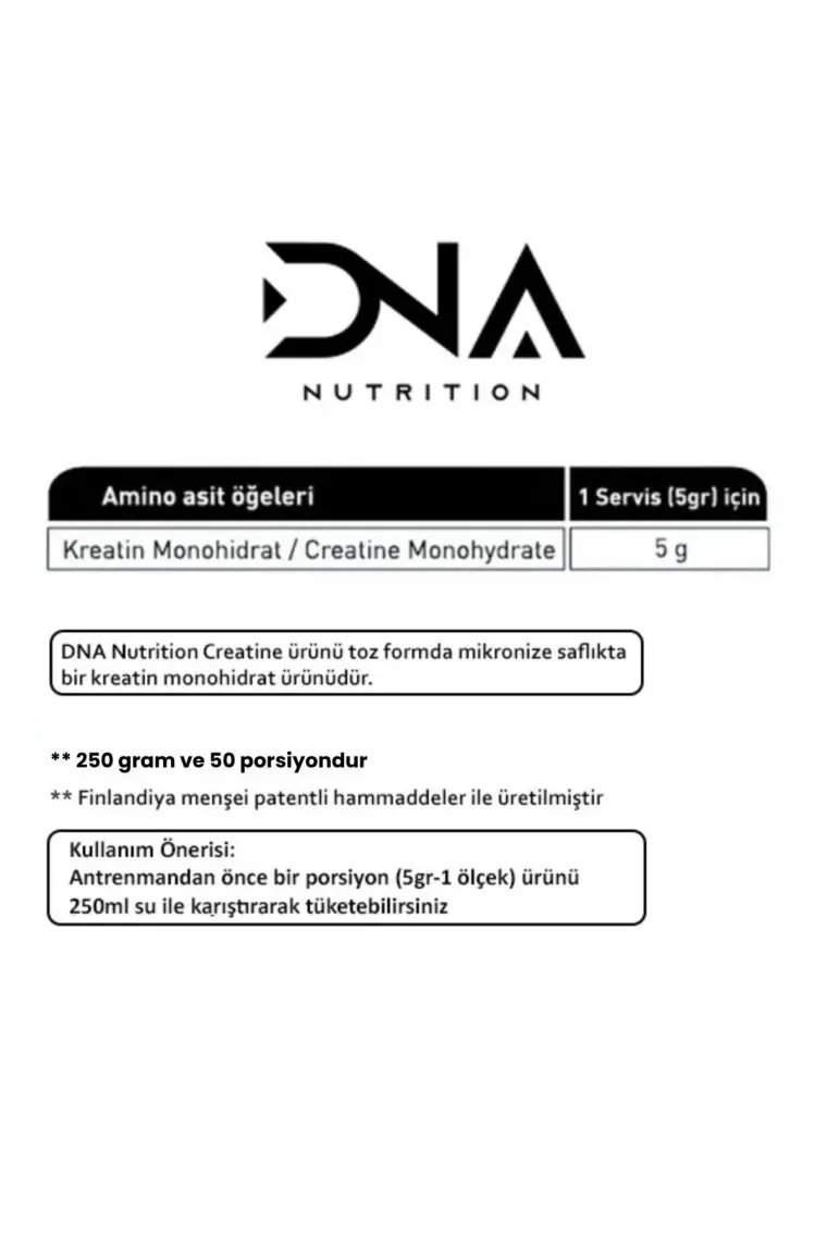 DNA Nutrition Saf Mikronize Kreatin Monohidrat Tozu - 250 gr, 50 Porsiyon, Finlandiya Menşeli