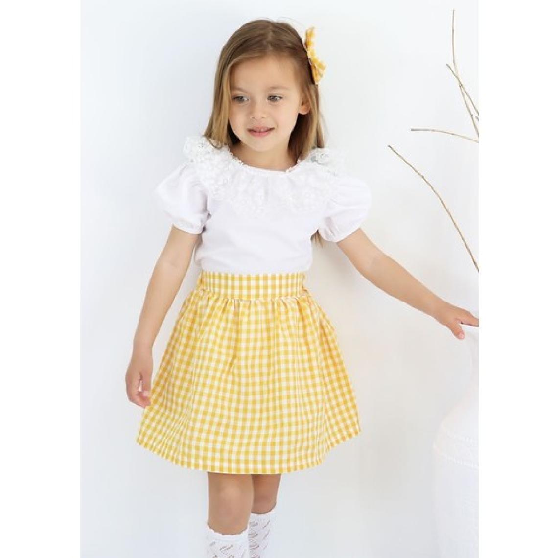 Parla Kids Kız Çocuk Daisy Bisiklet Yaka Dantel Detaylı Ekruı Kısa Kollu Bluz Ekoseli Etek Toka 3lü Takım