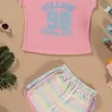 For You Kids Baskılı Yarasa Kol Garni Detaylı Pembe Alt Üst Takım