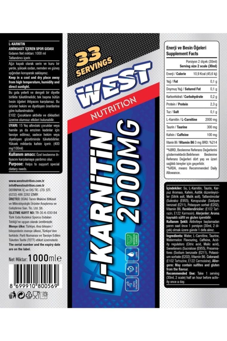 L-karnitin ( L-carnitine ) 2000 Mg 1000 Ml 33 Servis Karpuz Aromalı