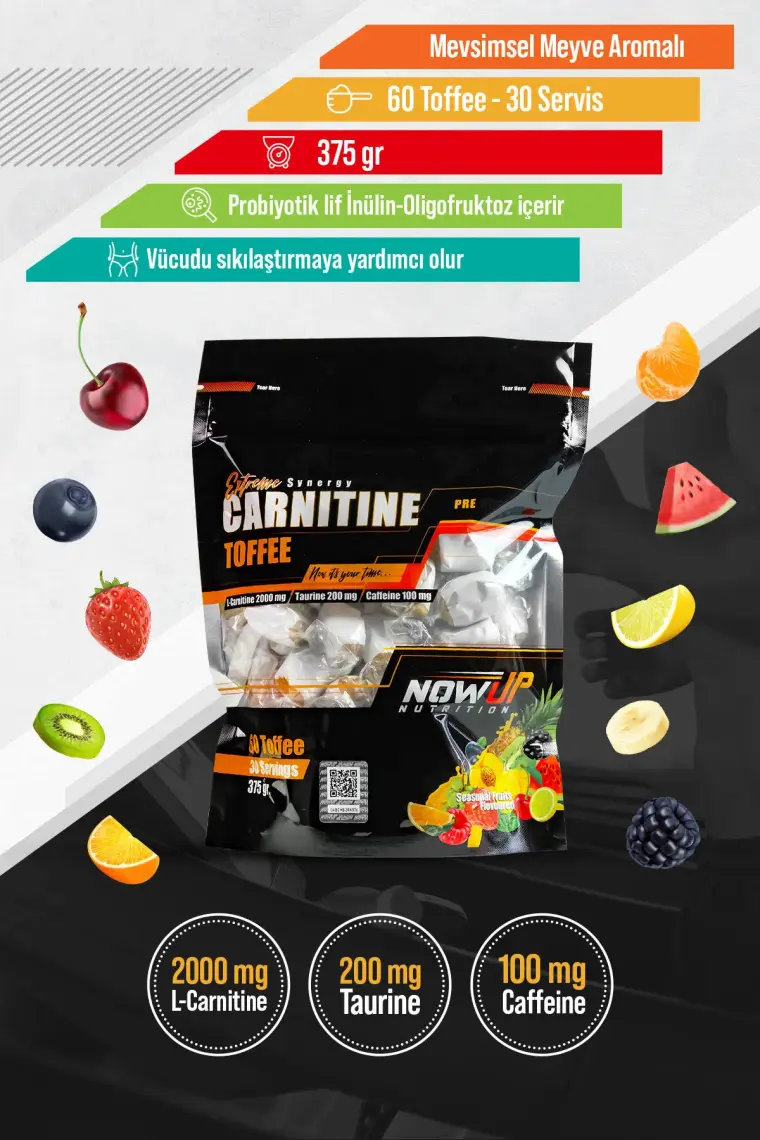 Nowup Nutrition  Extreme Synergy Carnitine Toffee / Mevsim Meyveleri Aromalı / 60 Adet L-Carnitine Toffee / 30 Servis