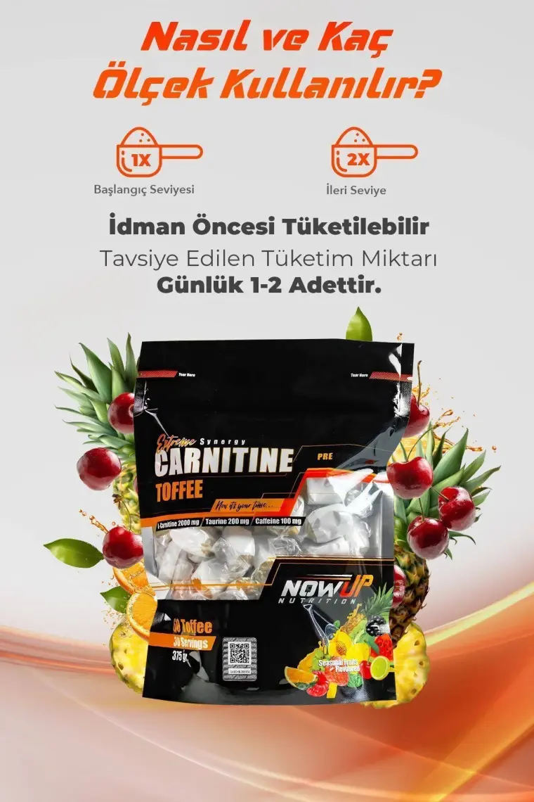 Nowup Nutrition  Extreme Synergy Carnitine Toffee / Mevsim Meyveleri Aromalı / 60 Adet L-Carnitine Toffee / 30 Servis