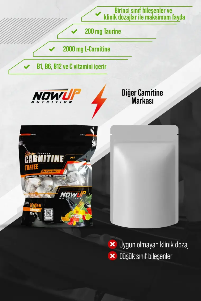 Nowup Nutrition  Extreme Synergy Carnitine Toffee / Mevsim Meyveleri Aromalı / 60 Adet L-Carnitine Toffee / 30 Servis