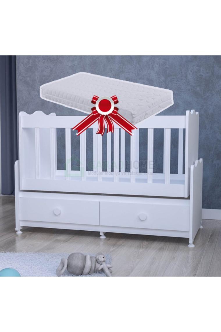 Elegant Mdfli Çıtalı 60x120 Beşik + Yatak - Beyaz