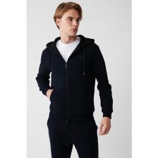 AVVA Erkek Lacivert Kapüşonlu Şardonlu 3 Iplik Fermuarlı Sweatshirt E001019