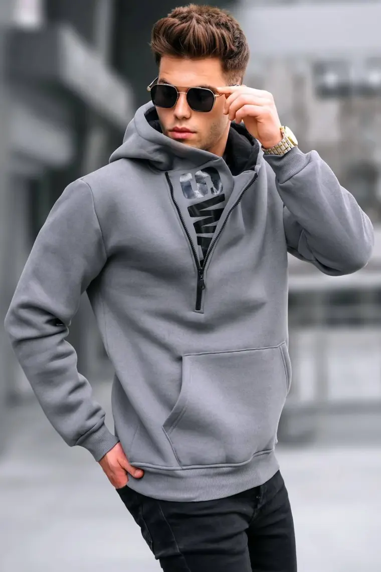 Madmext Gri Fermuar Detaylı Kapüşonlu Sweatshirt 1767