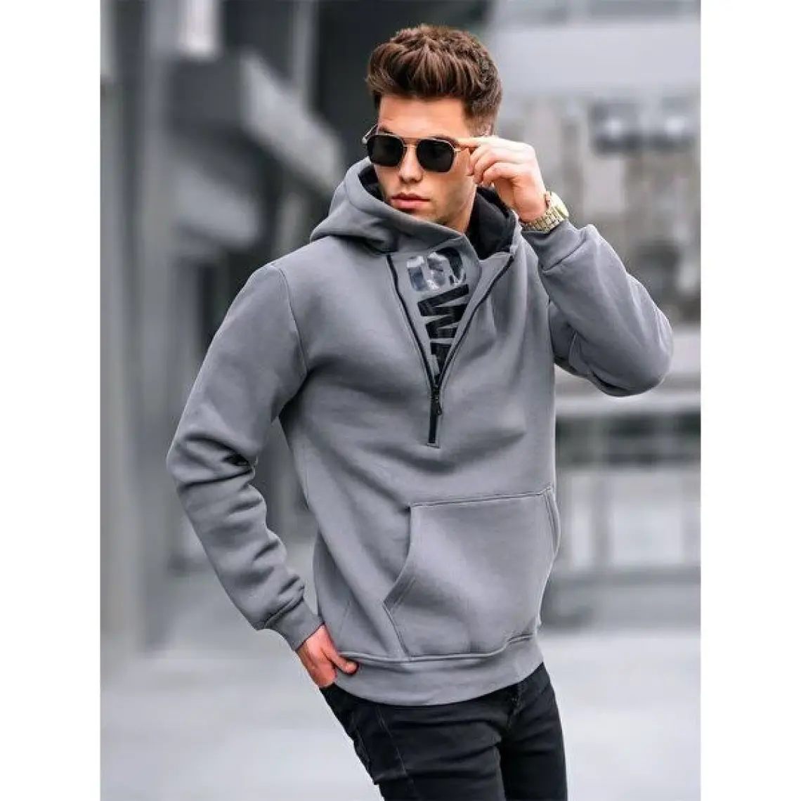 Madmext Gri Fermuar Detaylı Kapüşonlu Sweatshirt 1767