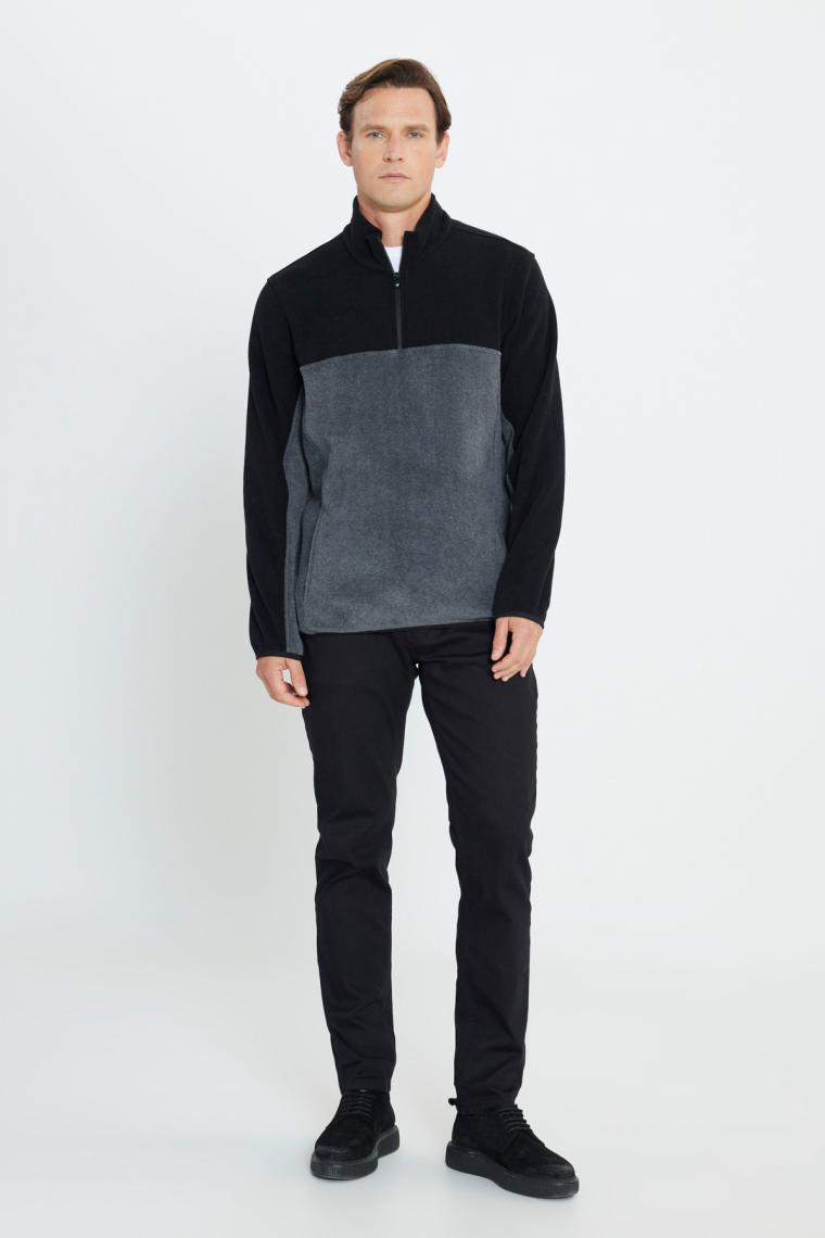 Altınyıldız Classics Erkek Siyah-Açık Melanj Anti-Pilling Tüylenme Yapmayan Standart Fit Dik Yaka Polar Sweatshirt