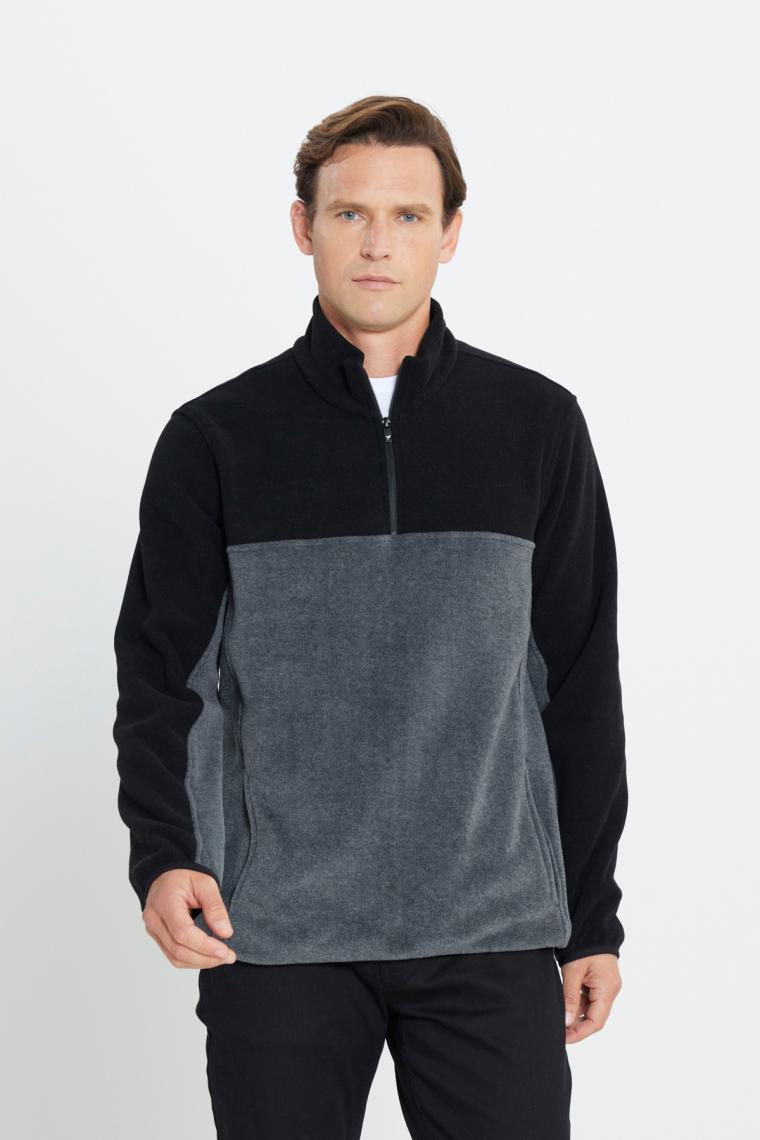 Altınyıldız Classics Erkek Siyah-Açık Melanj Anti-Pilling Tüylenme Yapmayan Standart Fit Dik Yaka Polar Sweatshirt