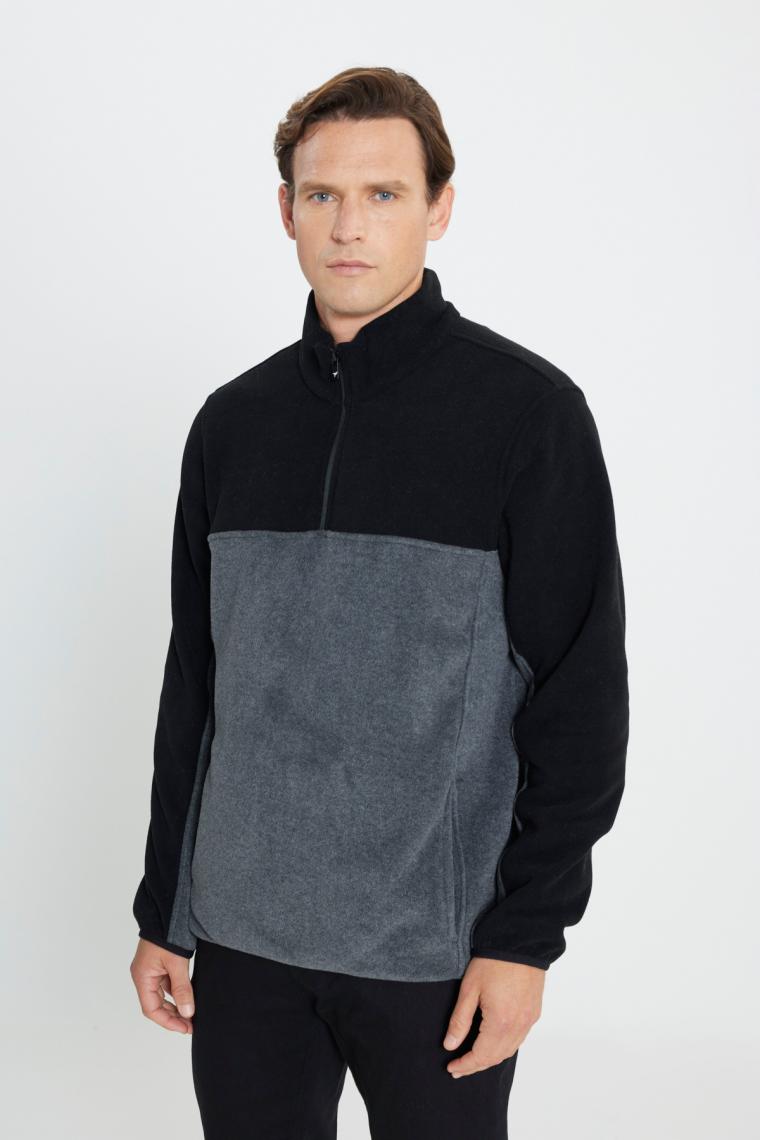 Altınyıldız Classics Erkek Siyah-Açık Melanj Anti-Pilling Tüylenme Yapmayan Standart Fit Dik Yaka Polar Sweatshirt