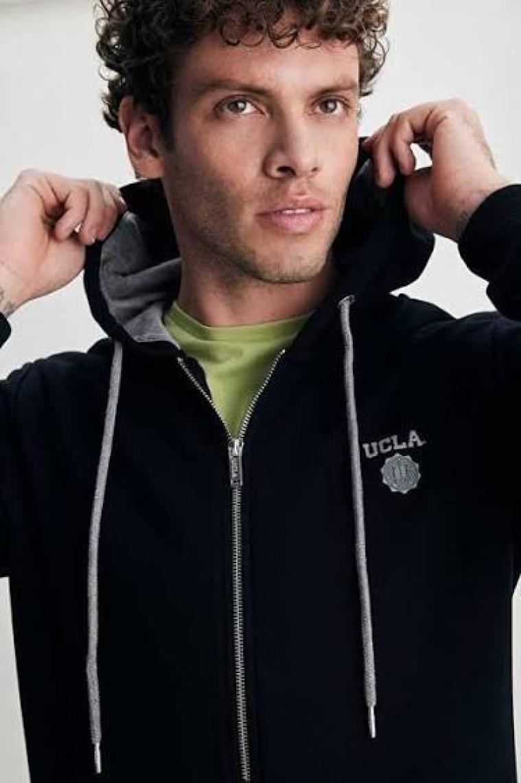 HILGARD Siyah Kapüşonlu Ve Fermuarlı Baskılı Standard Fit Erkek Sweatshirt