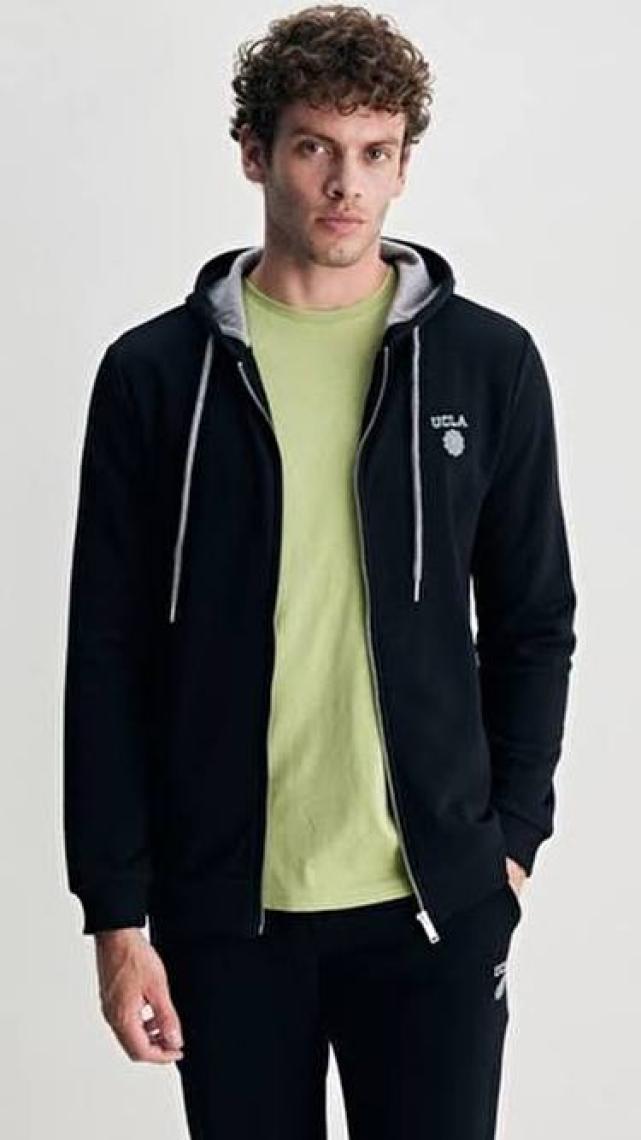 HILGARD Siyah Kapüşonlu Ve Fermuarlı Baskılı Standard Fit Erkek Sweatshirt