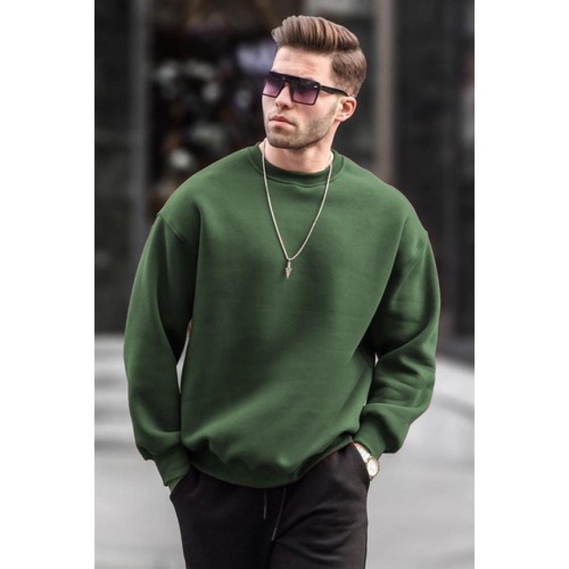 Madmext Haki Bisiklet Yaka Oversize Şardonlu Basic Erkek Sweatshirt 6048