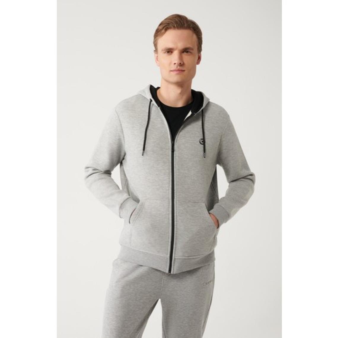 AVVA Erkek Gri Kapüşonlu 3 Iplik Şardonlu Fermuarlı Sweatshirt E001019