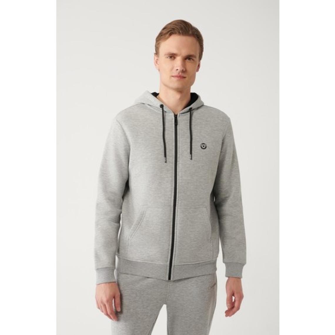 AVVA Erkek Gri Kapüşonlu 3 Iplik Şardonlu Fermuarlı Sweatshirt E001019