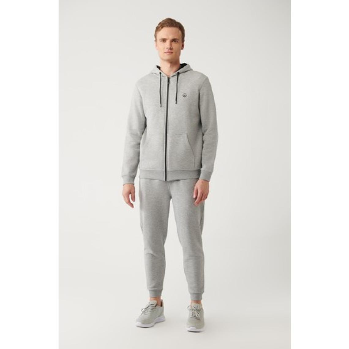 AVVA Erkek Gri Kapüşonlu 3 Iplik Şardonlu Fermuarlı Sweatshirt E001019