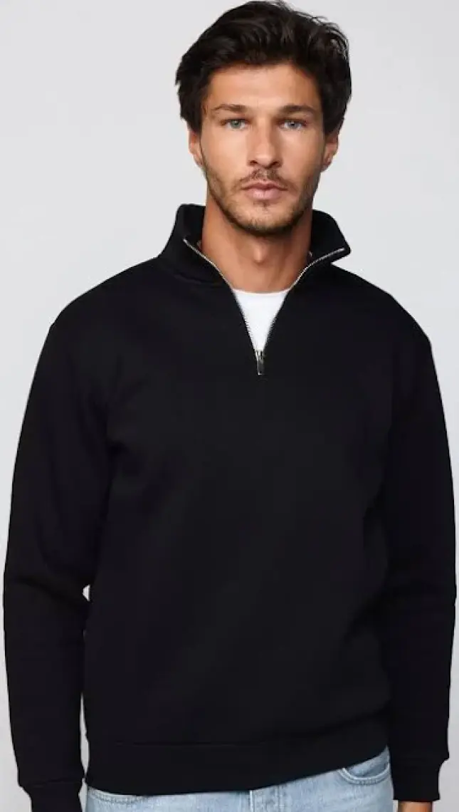Unisex Relax Fit Rahat Kesim Pamuklu İçi Polarlı Yarım Fermuarlı Siyah Dik Yaka Sweatshirt