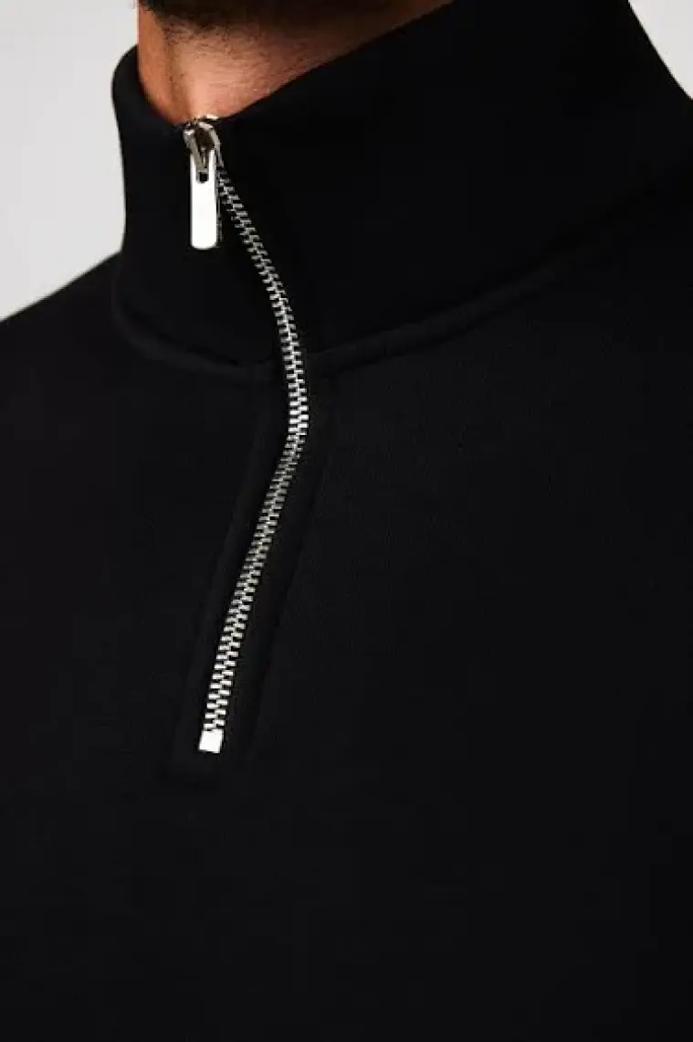 Unisex Relax Fit Rahat Kesim Pamuklu İçi Polarlı Yarım Fermuarlı Siyah Dik Yaka Sweatshirt