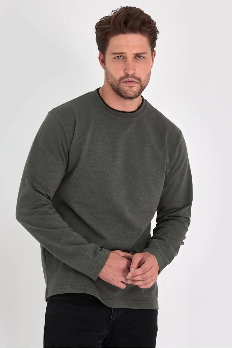 Mmetalic Erkek Haki Çift Bisiklet Yaka Standart Rahat Kesim Sweatshirt