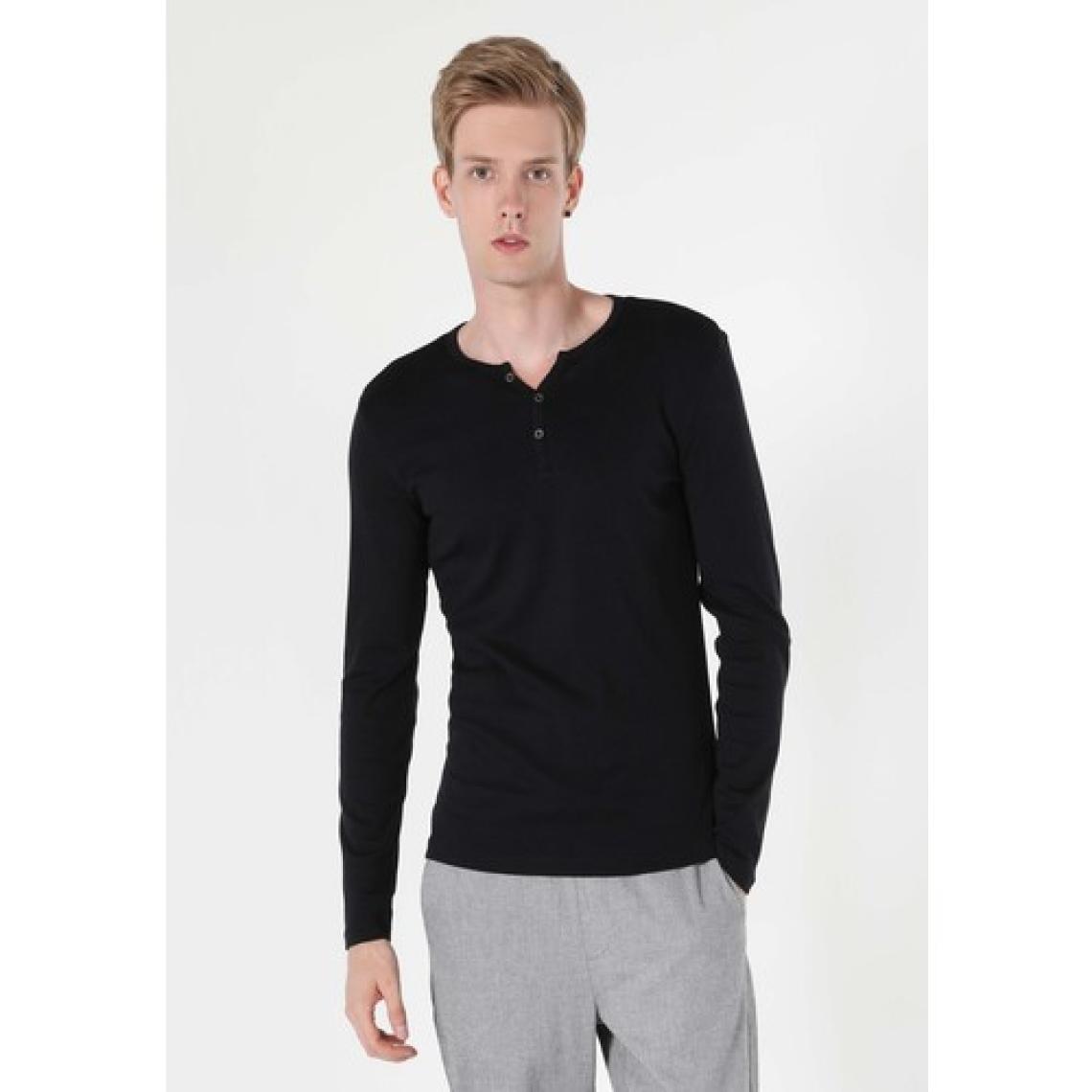 Slim Fit Placket Neck Düz Erkek Siyah Uzun Kol Tişört