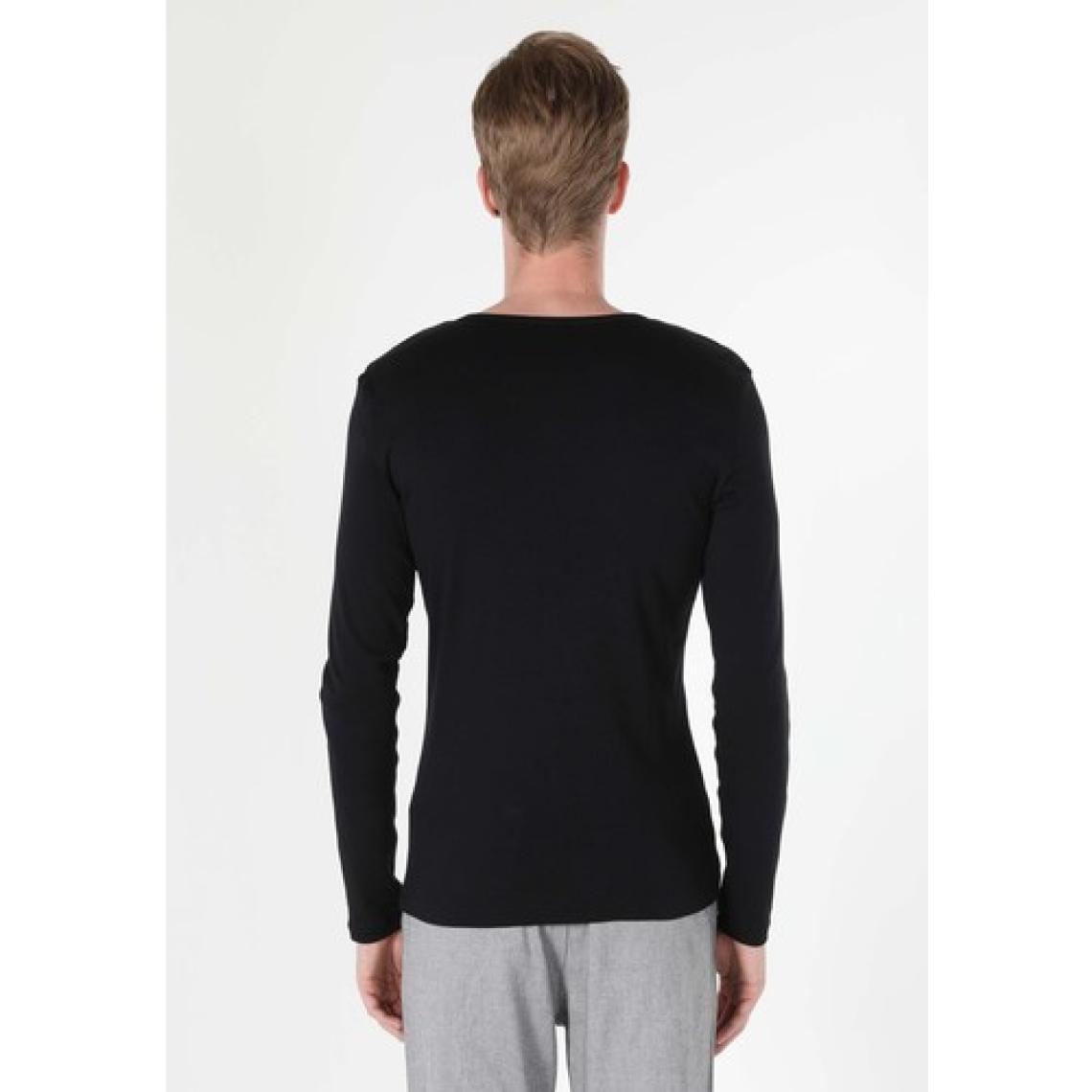 Slim Fit Placket Neck Düz Erkek Siyah Uzun Kol Tişört