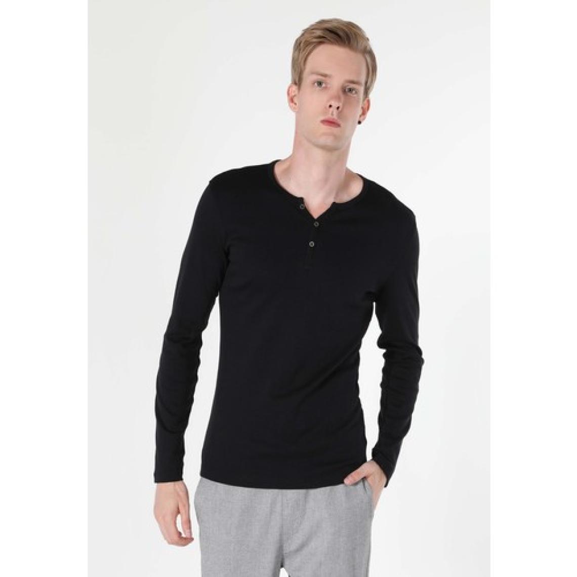 Slim Fit Placket Neck Düz Erkek Siyah Uzun Kol Tişört