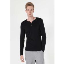 Slim Fit Placket Neck Düz Erkek Siyah Uzun Kol Tişört