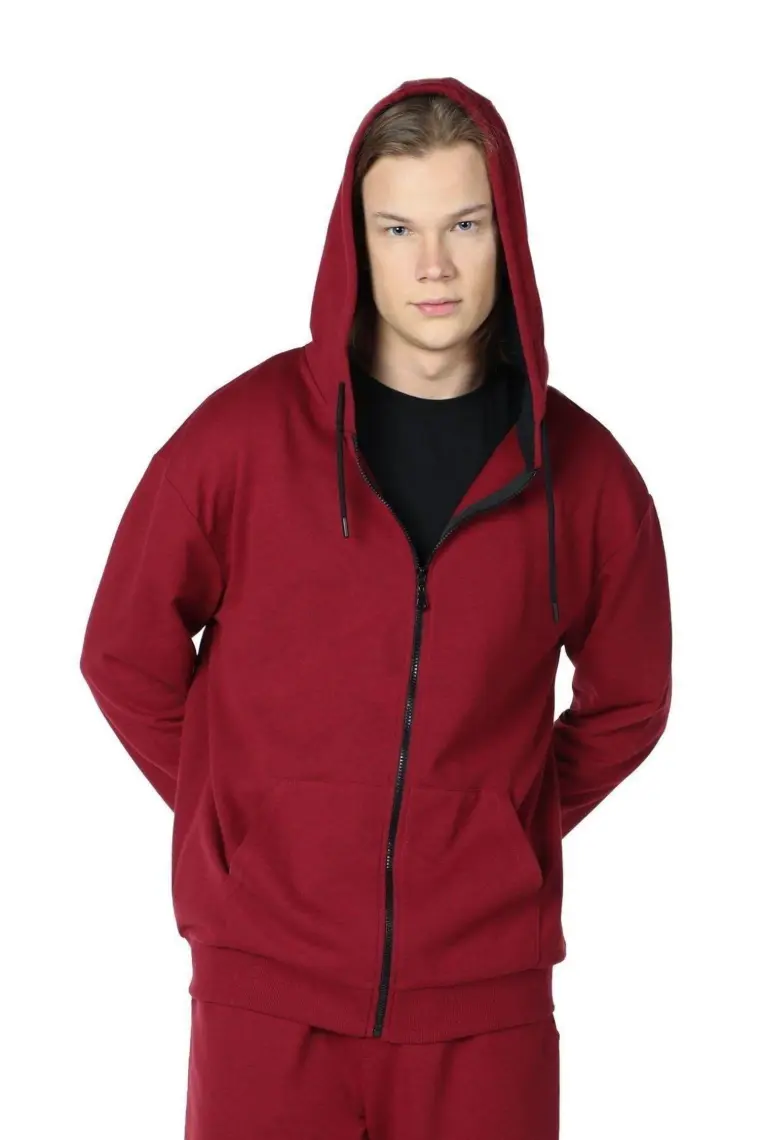 Defy's Erkek Kapüşonlu Fermuarlı Oversize Kalıp Sweatshirt Bordo