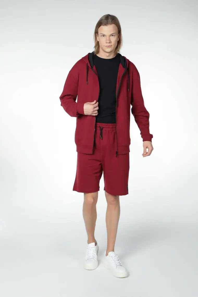 Defy's Erkek Kapüşonlu Fermuarlı Oversize Kalıp Sweatshirt Bordo