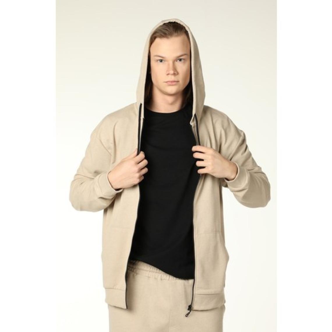 Defy's Erkek Kapüşonlu Fermuarlı Sweatshirt Bej