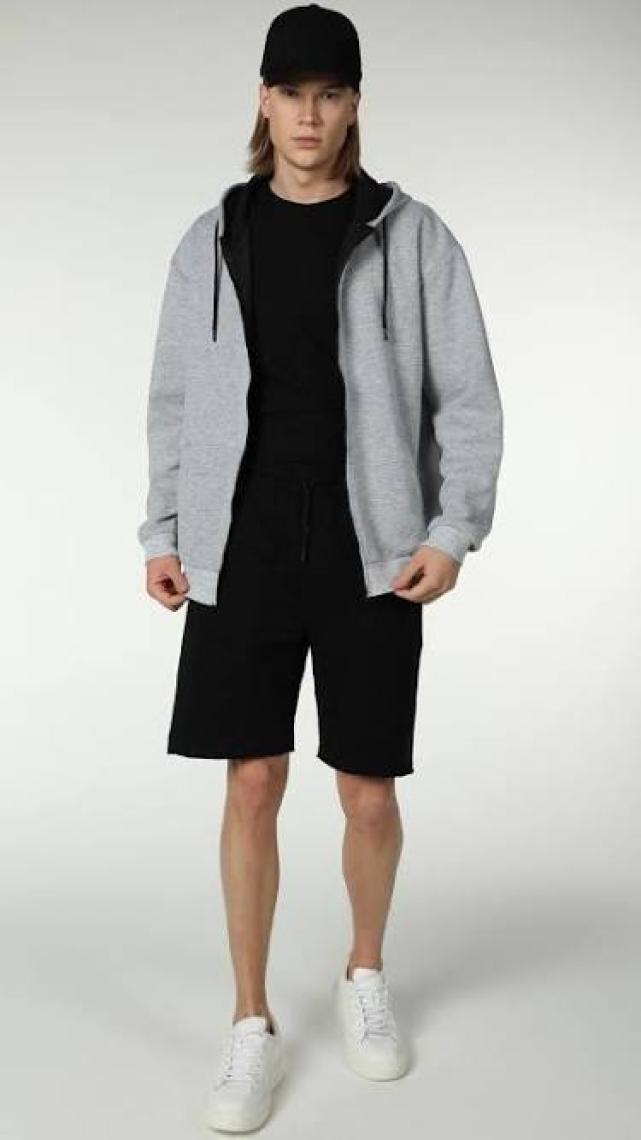 Defy's Erkek Kapüşonlu Fermuarlı Oversize Kalıp Sweatshirt Kırçıllı Gri Melanj