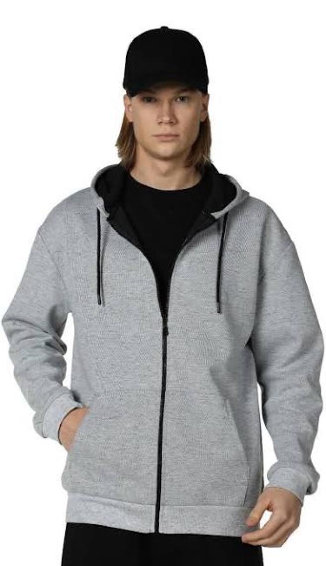 Defy's Erkek Kapüşonlu Fermuarlı Oversize Kalıp Sweatshirt Kırçıllı Gri Melanj