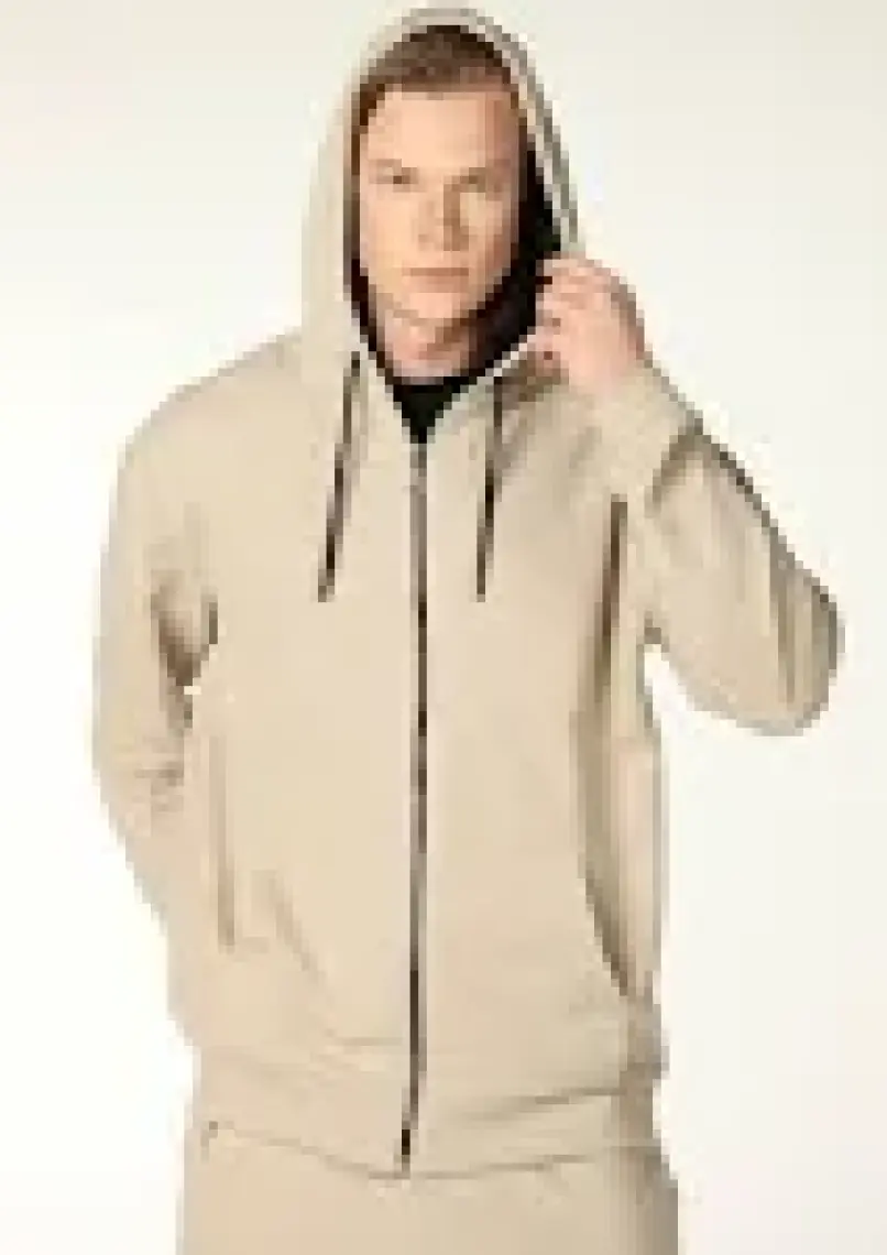 Defy's Erkek Kapüşonlu Fermuarlı Oversize Kalıp Sweatshirt Bej