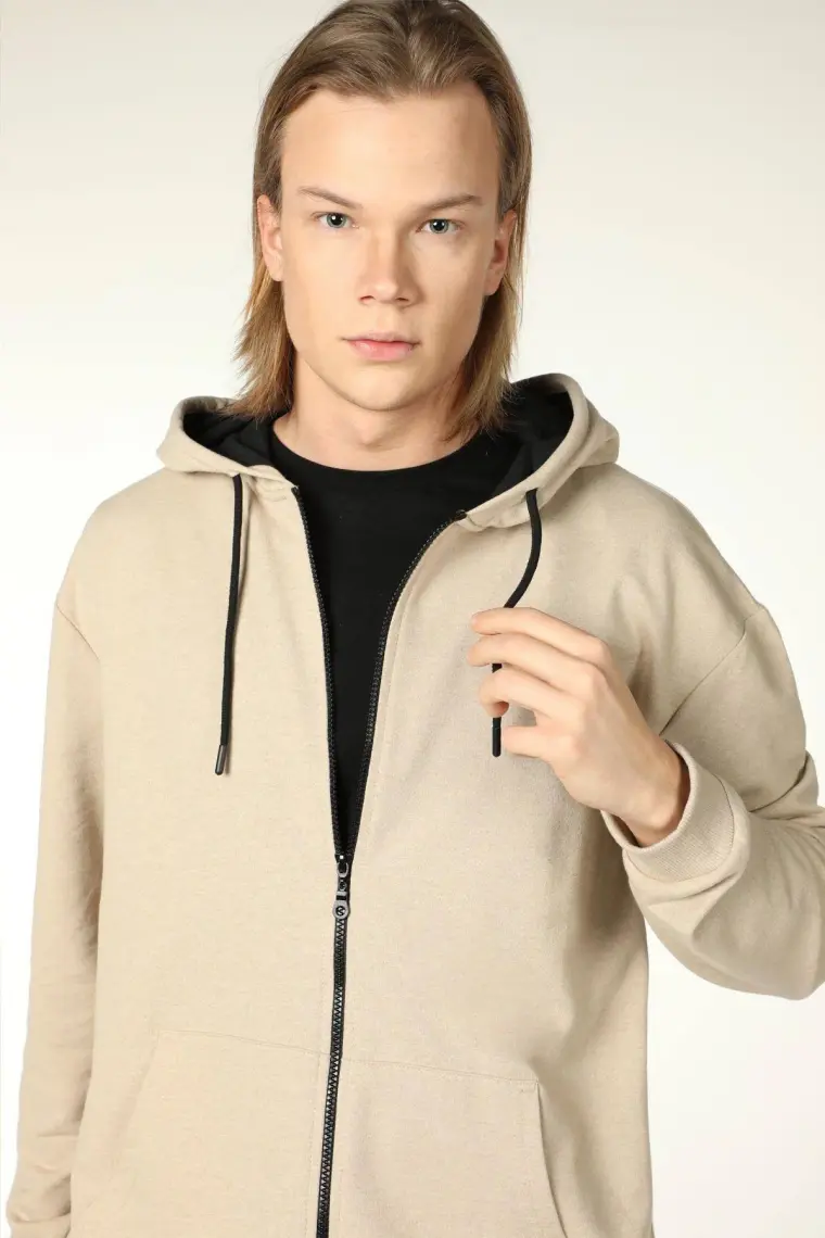 Defy's Erkek Kapüşonlu Fermuarlı Oversize Kalıp Sweatshirt Bej
