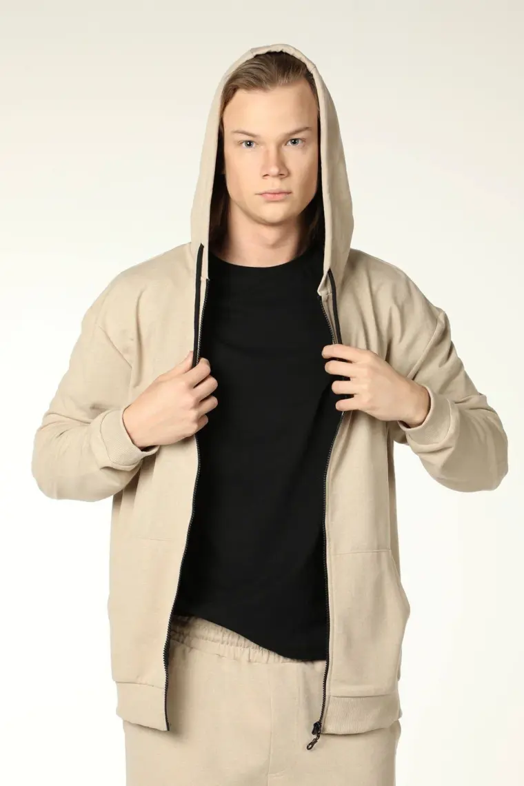 Defy's Erkek Kapüşonlu Fermuarlı Oversize Kalıp Sweatshirt Bej