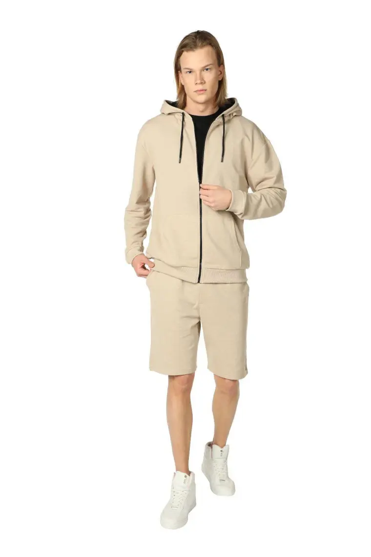 Defy's Erkek Kapüşonlu Fermuarlı Oversize Kalıp Sweatshirt Bej