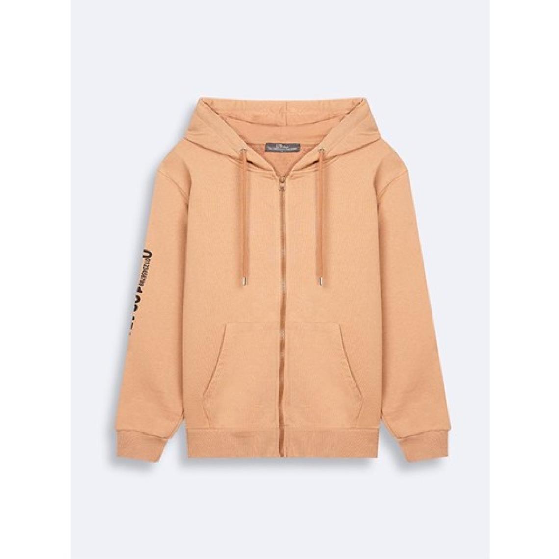 LTB Kolu Baskılı Kapüşonlu Fermuarlı Camel Sweatshırt