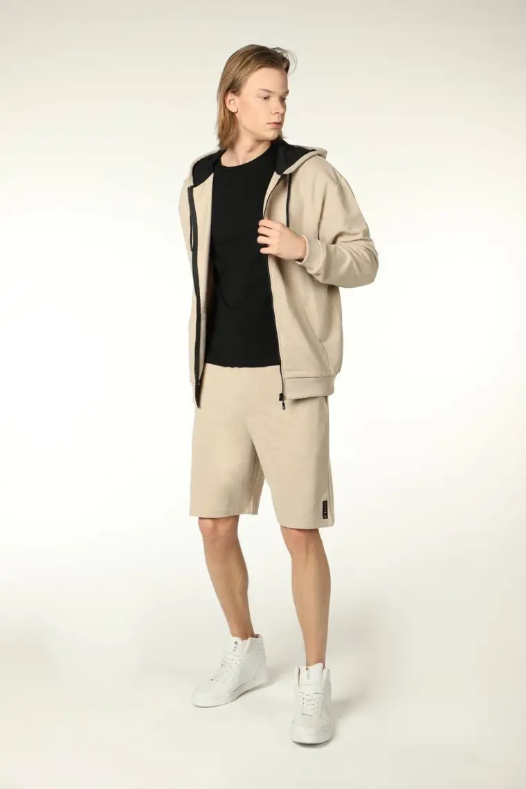 Defy's Erkek Kapüşonlu Fermuarlı Oversize Kalıp Sweatshirt Bej