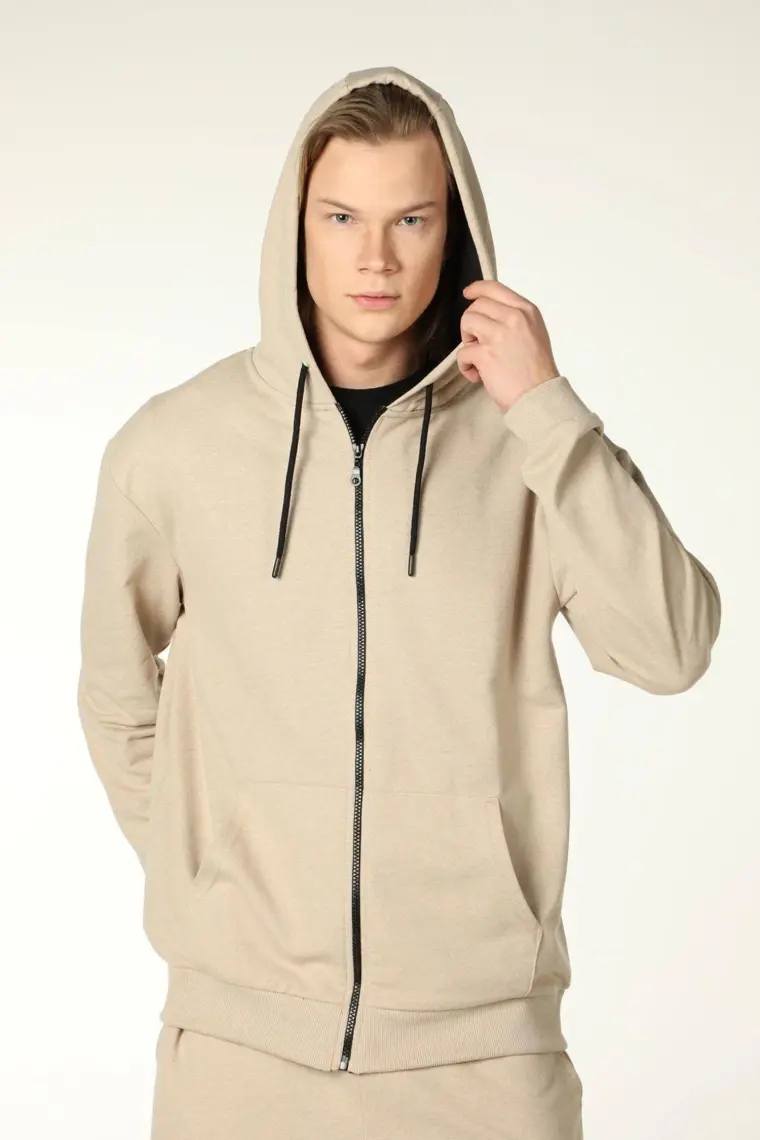Defy's Erkek Kapüşonlu Fermuarlı Oversize Kalıp Sweatshirt Bej
