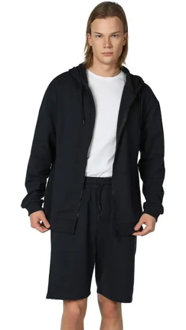 Defy's Erkek Kapüşonlu Fermuarlı Oversize Kalıp Sweatshirt Lacivert