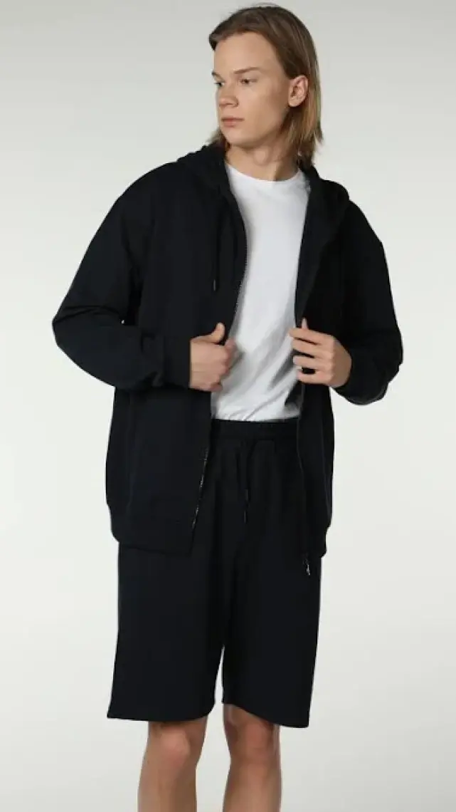 Defy's Erkek Kapüşonlu Fermuarlı Oversize Kalıp Sweatshirt Lacivert
